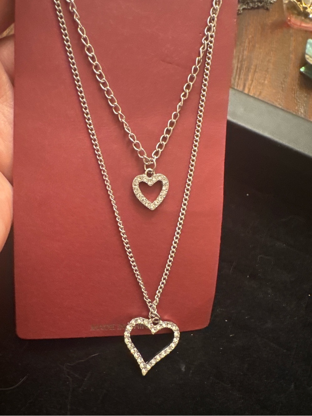 Silver Tone Double Heart Rhinestone Layered Necklace Romantic Gift Jewelry